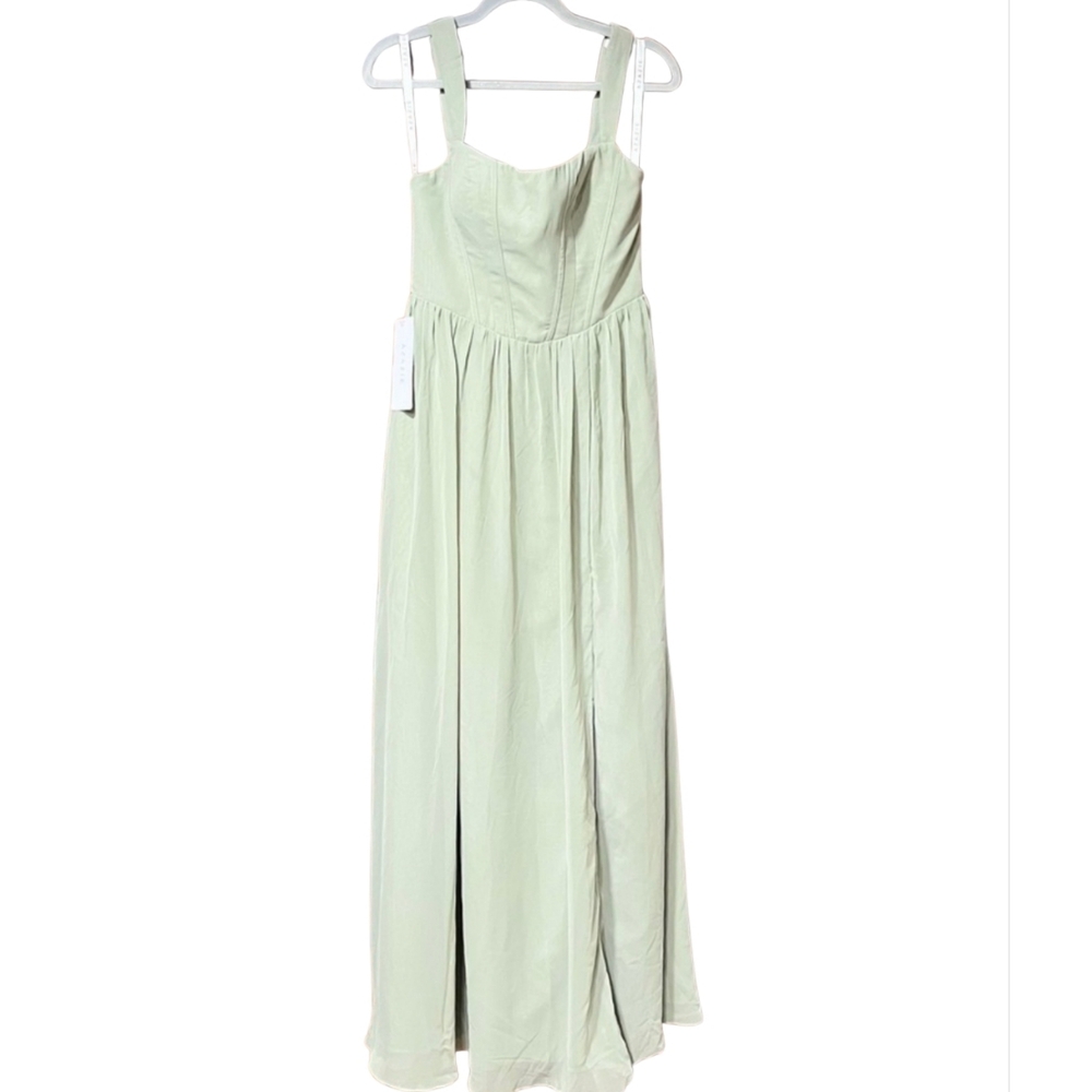 Azazie Rosaline Pistachio Green A-Line Side Slit Chiffon Dress Bridesmaid Formal